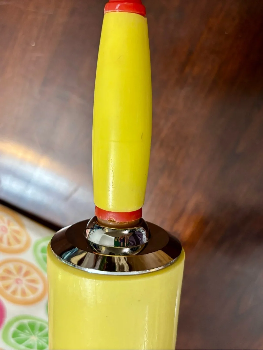 VTG 1950’s Yellow Melamine Rolling Pin with Red and Chrome Detailing MCM kitchen